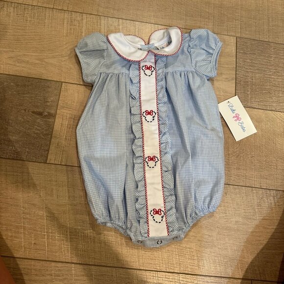 LULU BEBE ONE PIECE EMBROIDERED MINNIE MOUSE ROMPER BLUE PLAID NEW GIRLS 9 MONTH